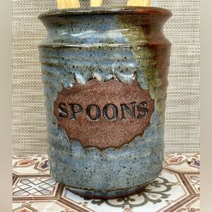 VTG Stoneware Glazed Art Pottery Spoons Holder Signed